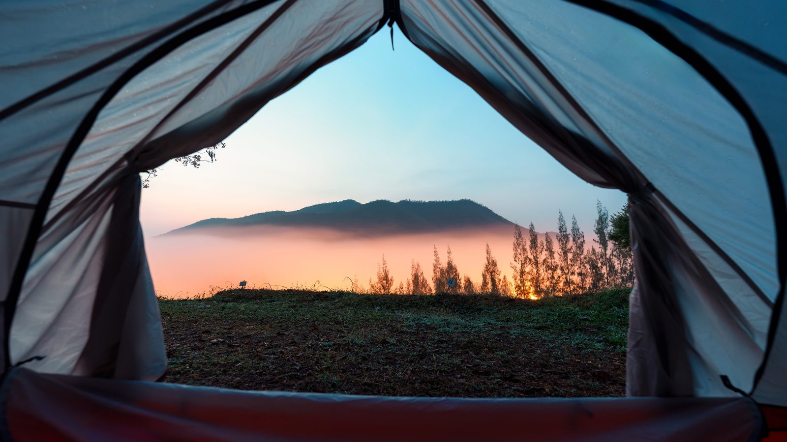 Looking out of a tent doorway at dawn, with mist lying below a wooded hill